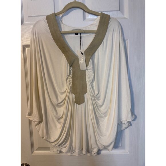 SKY Brand Top M White Tan Suede Trim Stretch Flowy Dolman Grecian Kimomo NEW - Picture 11 of 12